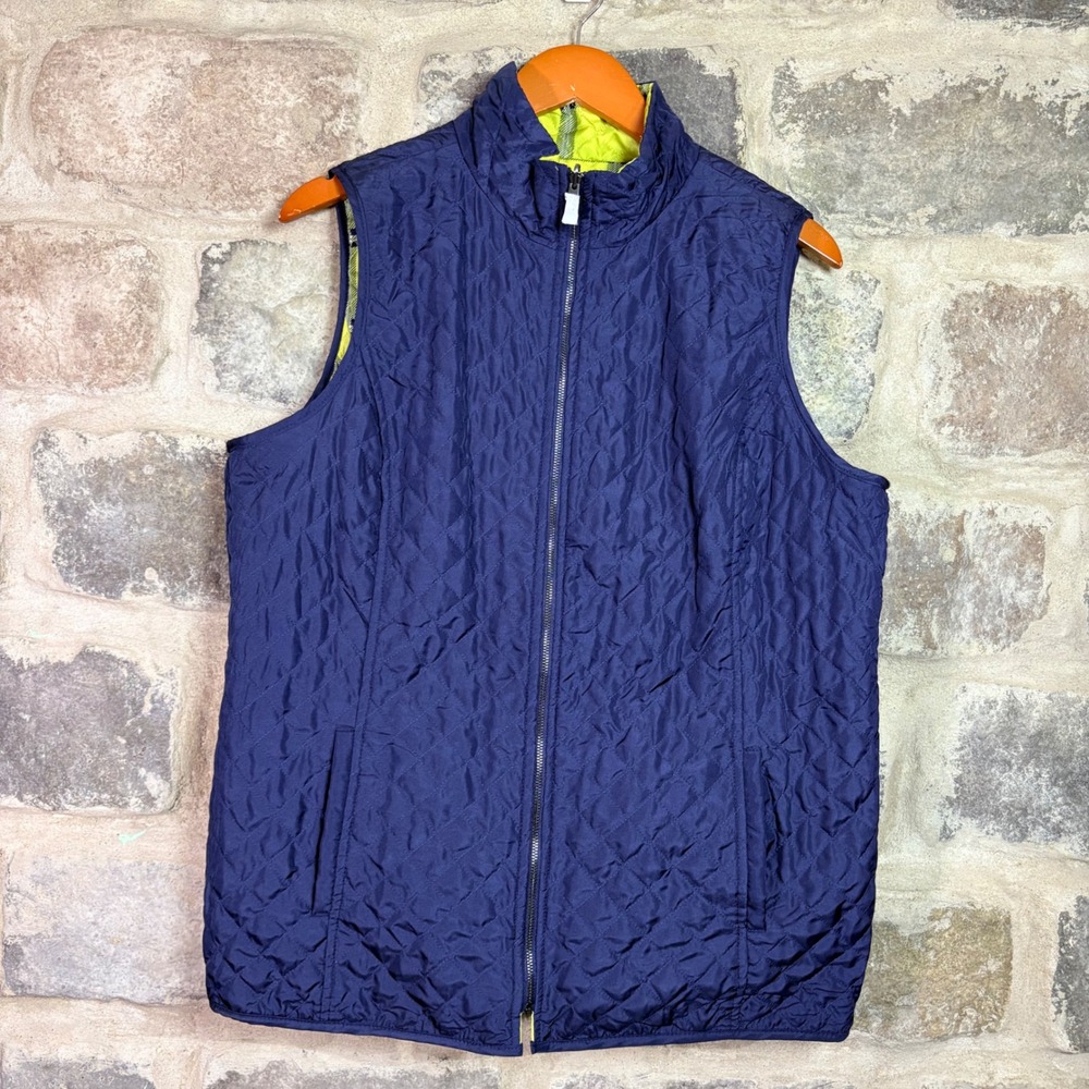 Belle Kim Gravel Reversible Quilted Vest Blue Yellow Mad For Plaid Women's Large